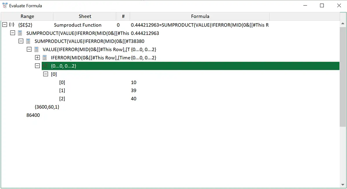 array returned by VALUE function