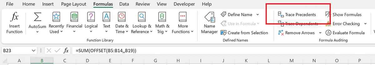 Trace Precedents command in Excel 365