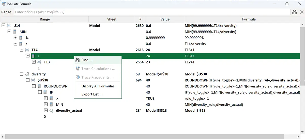 Search bar in the Evaluate Formula window