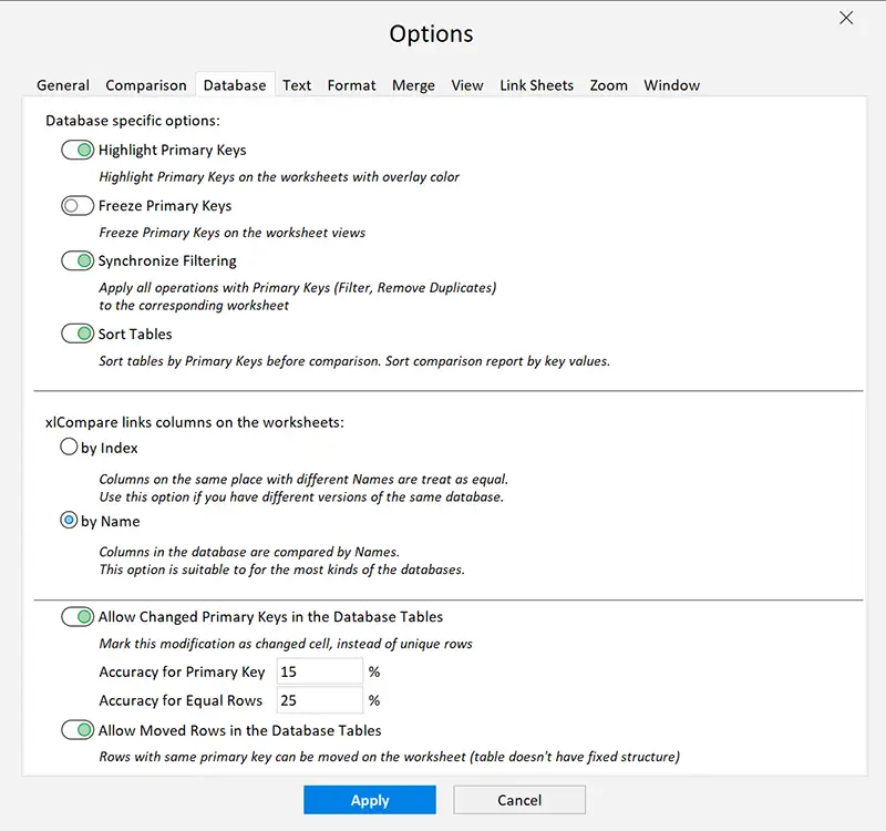 Options | Database comparison