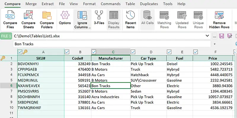 Ignore columns in Excel compare