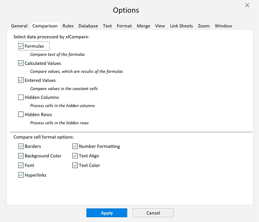 Comparison tab in Options window