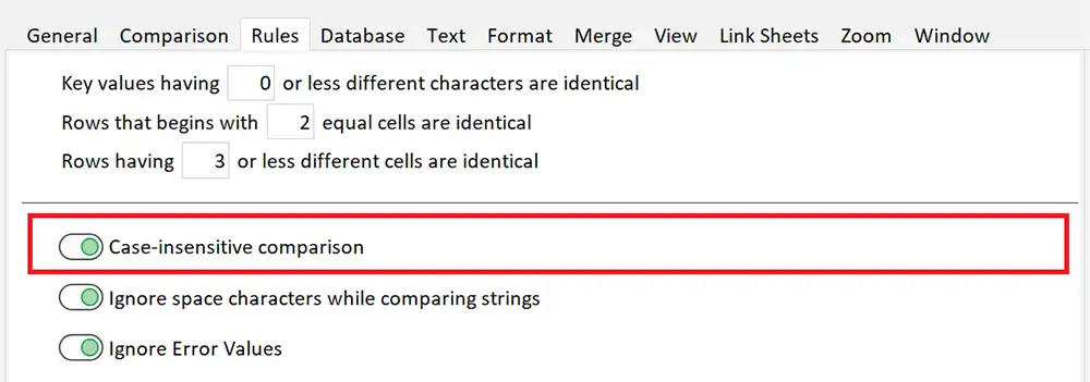 Option Ignore case in string cells