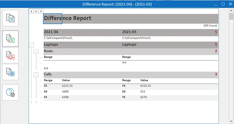 Difference Report Window