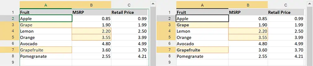 Cells with changed formatting in the comparison report