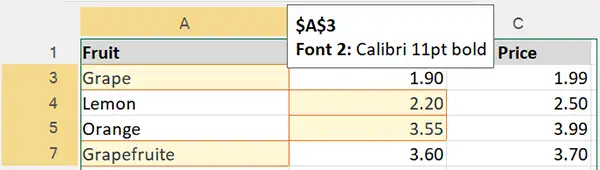 Updated cells in the worksheet