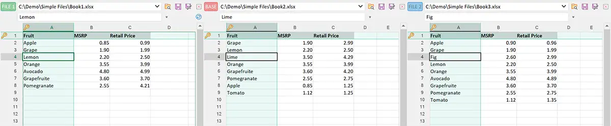 3 Excel files opened in xlCompare