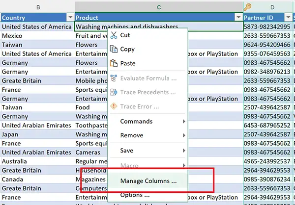 Manage Columns command in right click menu