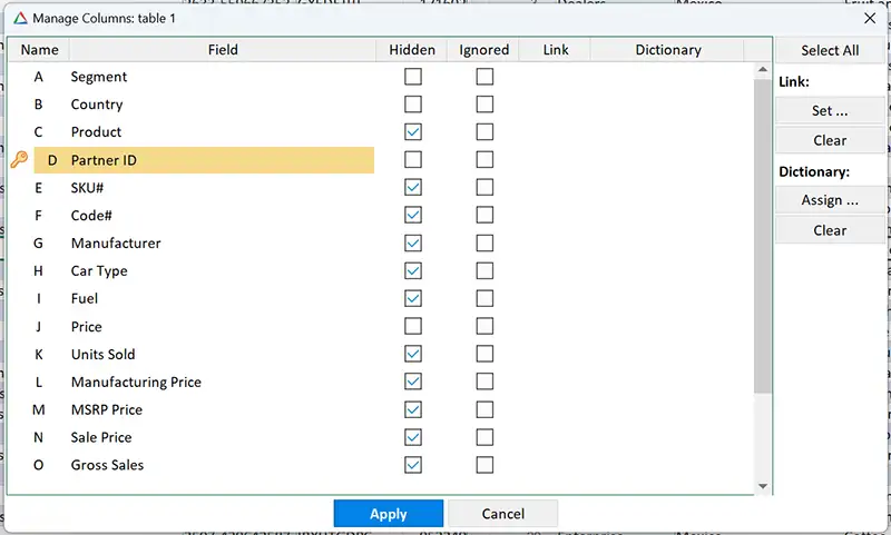 Hide columns in the Manage Columns window