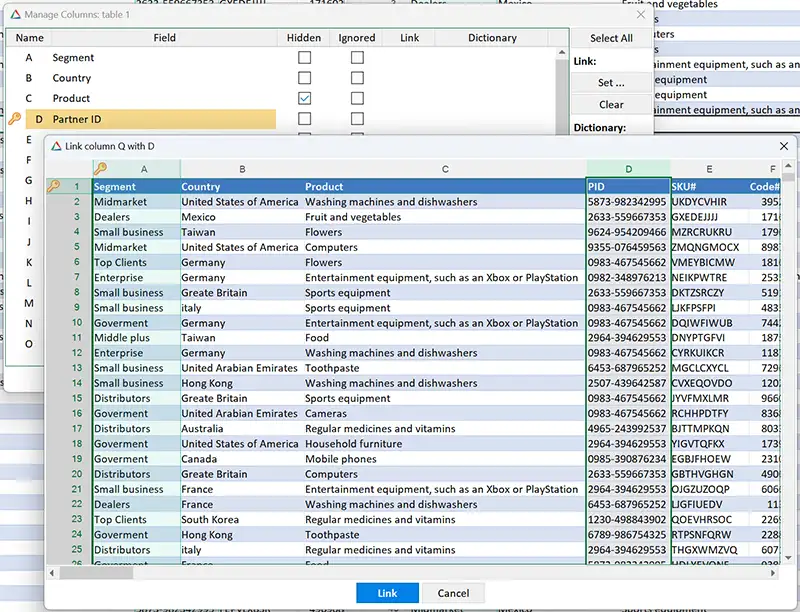 Link two columns in the Manage Columns window