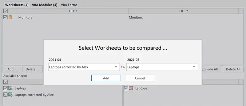 Comparison Wizard: Add new pair of worksheets to the comparison list
