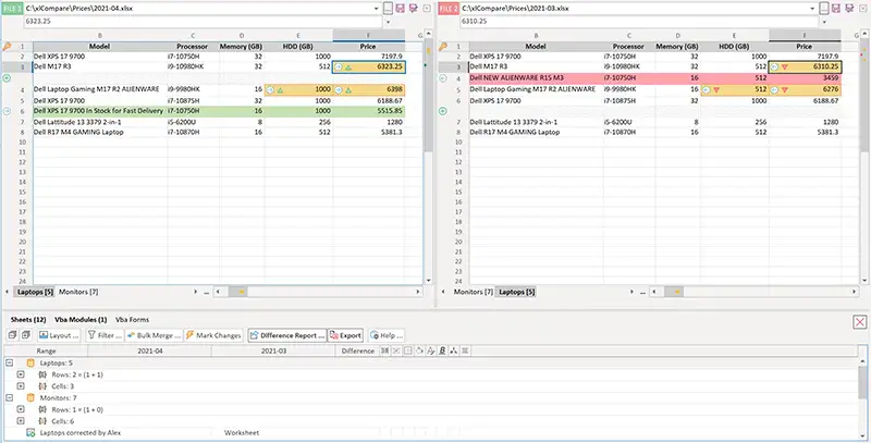 Compare two excel files for differences - results