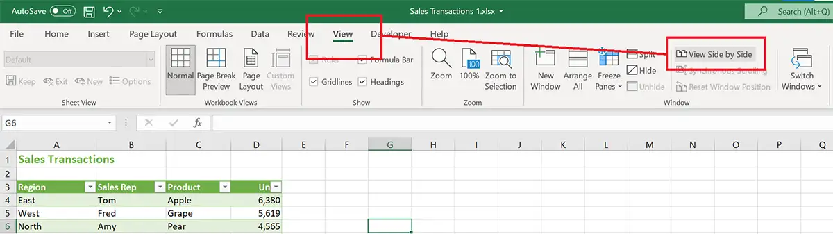 View Side by Side command in Excel