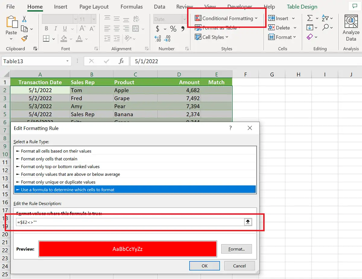 Add Conditional Formatting to the Excel Table to display differences