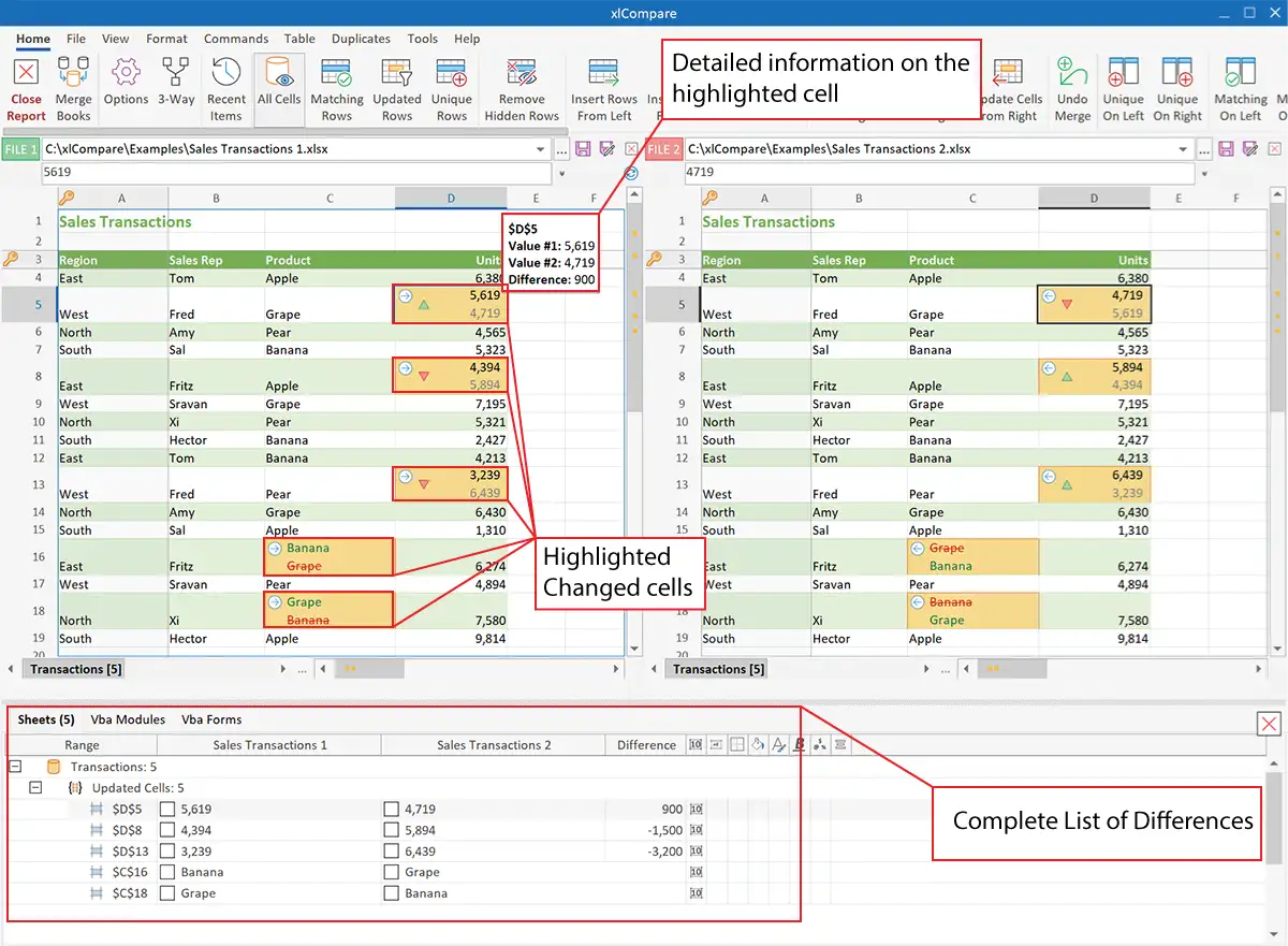 Highlighted changed cell values in xlCompare