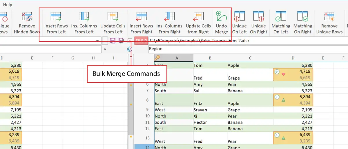 Bulk merge commands in Excel Compare