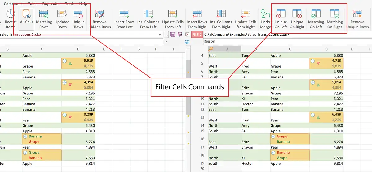 Filter changed cells and inserted rows in Excel Compare