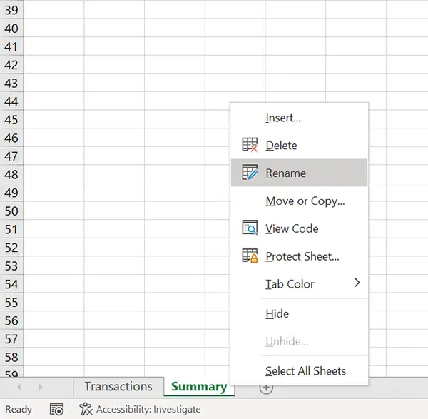 Insert Summary worksheet in Excel