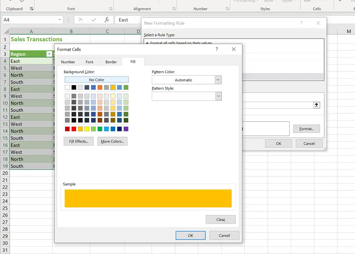 Apply background color to conditional formatting rule