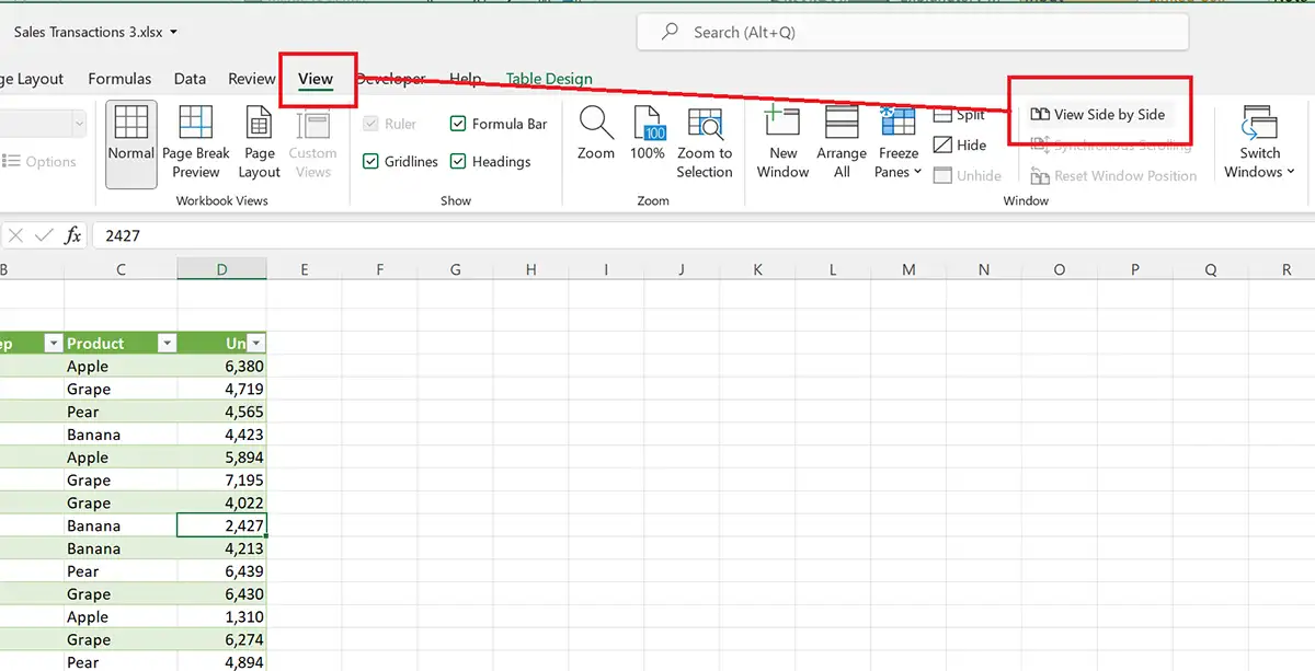 View Side by Side command in Excel