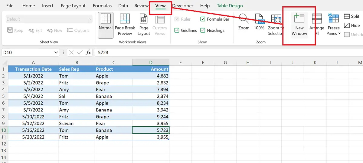 New Window command in Excel