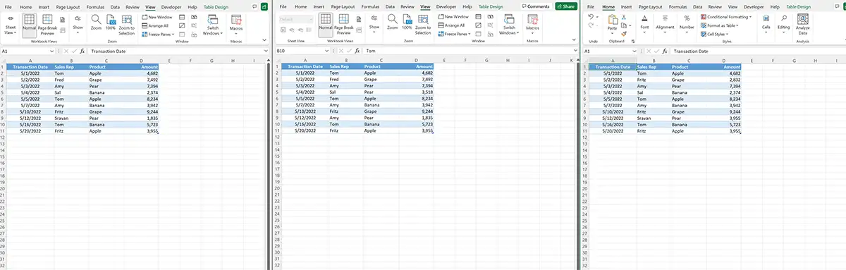 Aligned worksheet windows in Excel