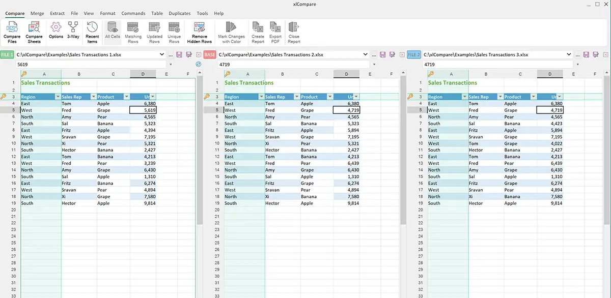 3 Excel Files opened in xlCompare