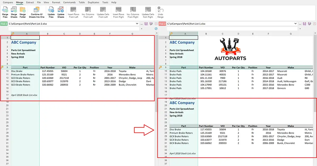 Result of the Merge Files operation in xlCompare