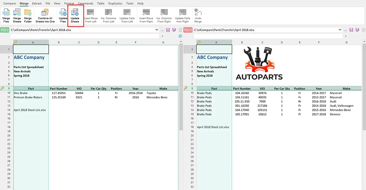 Update worksheets command in xlCompare