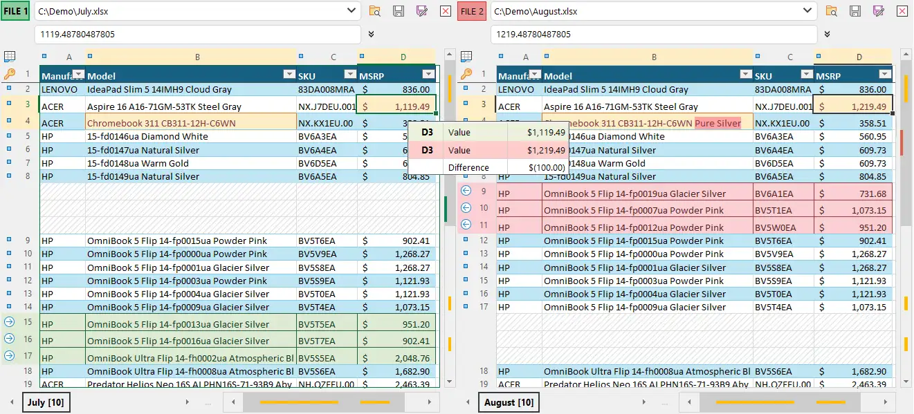 Comparison report in xlCompare