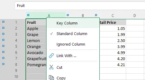 Right click menu on the column heading