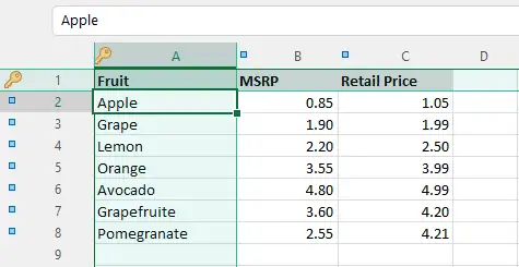 Excel worksheet with key markers