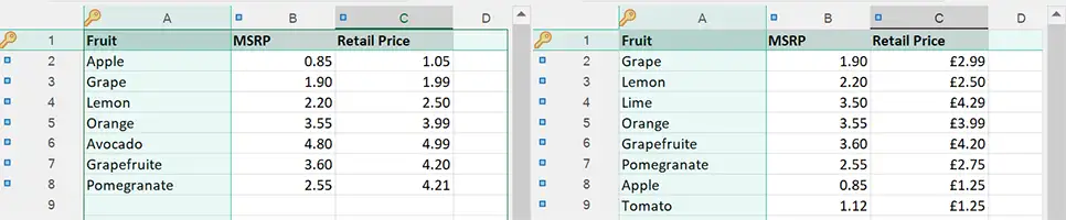 Two sample worksheets in xlCompare