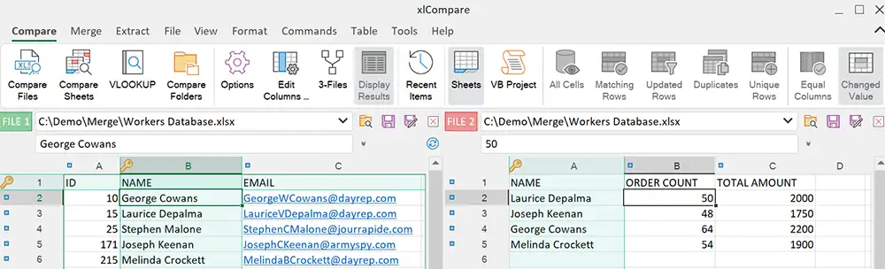 Two worksheets in xlCompare