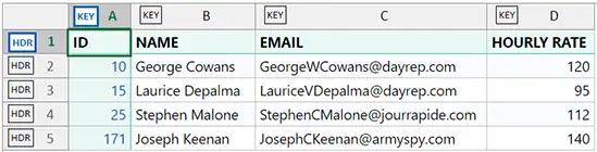 Sample worksheet with heading and key column 1