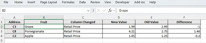 XLSX report with list of changes