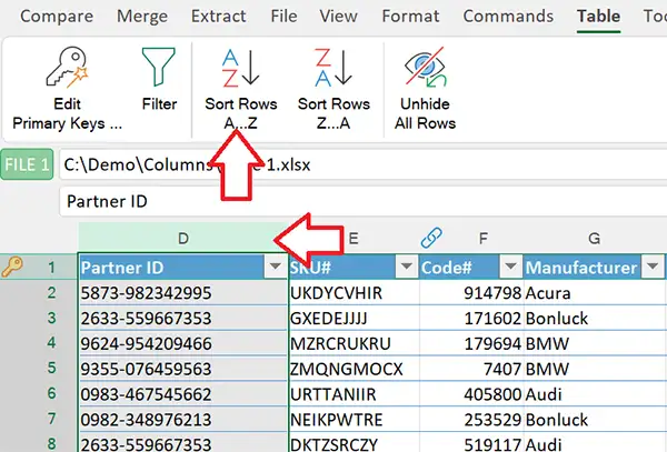 sort columns command on the ribbon