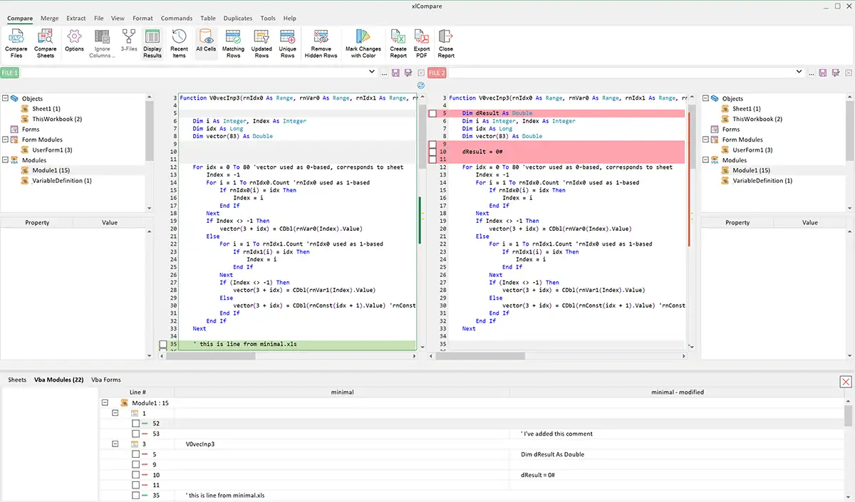 How VBA Diff Tool xlCompare compares VBA code in Excel files