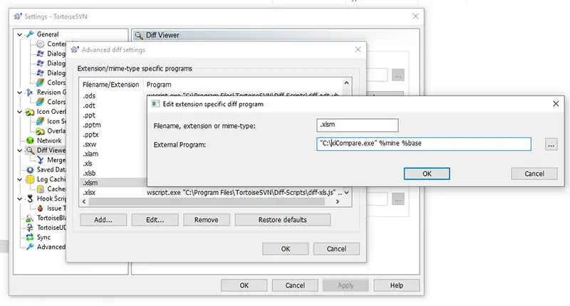 Configure SVN Application Settings to use xlCompare as external diff viewer