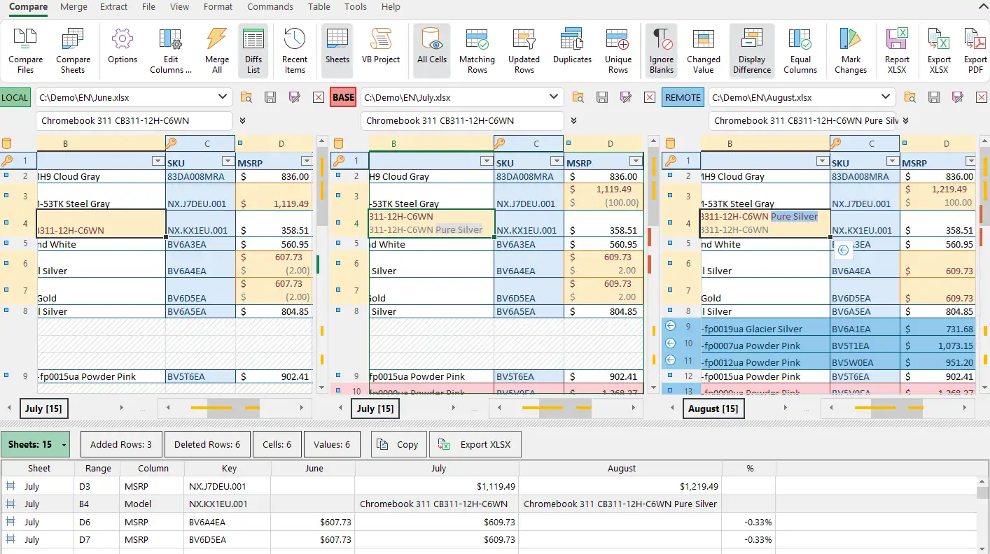Compare 3 Excel files at once