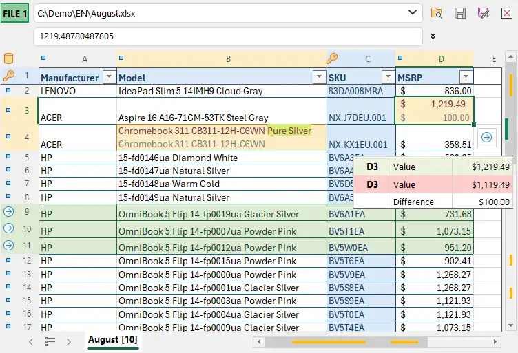 xlCompare presents differences between 2 price lists