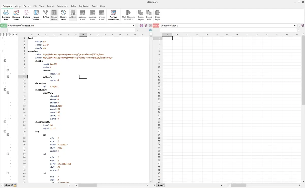 XML file opened in the xlCompare