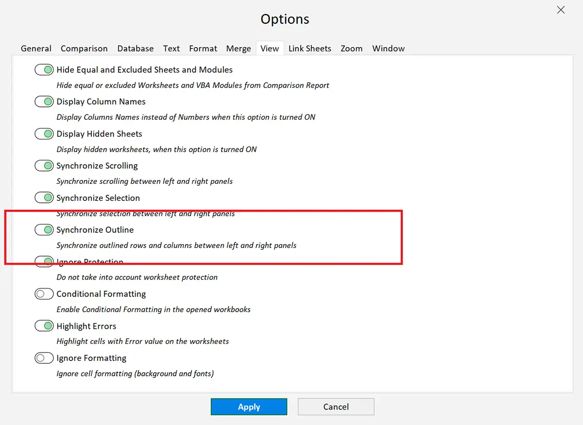 Options: Synchronize Outline