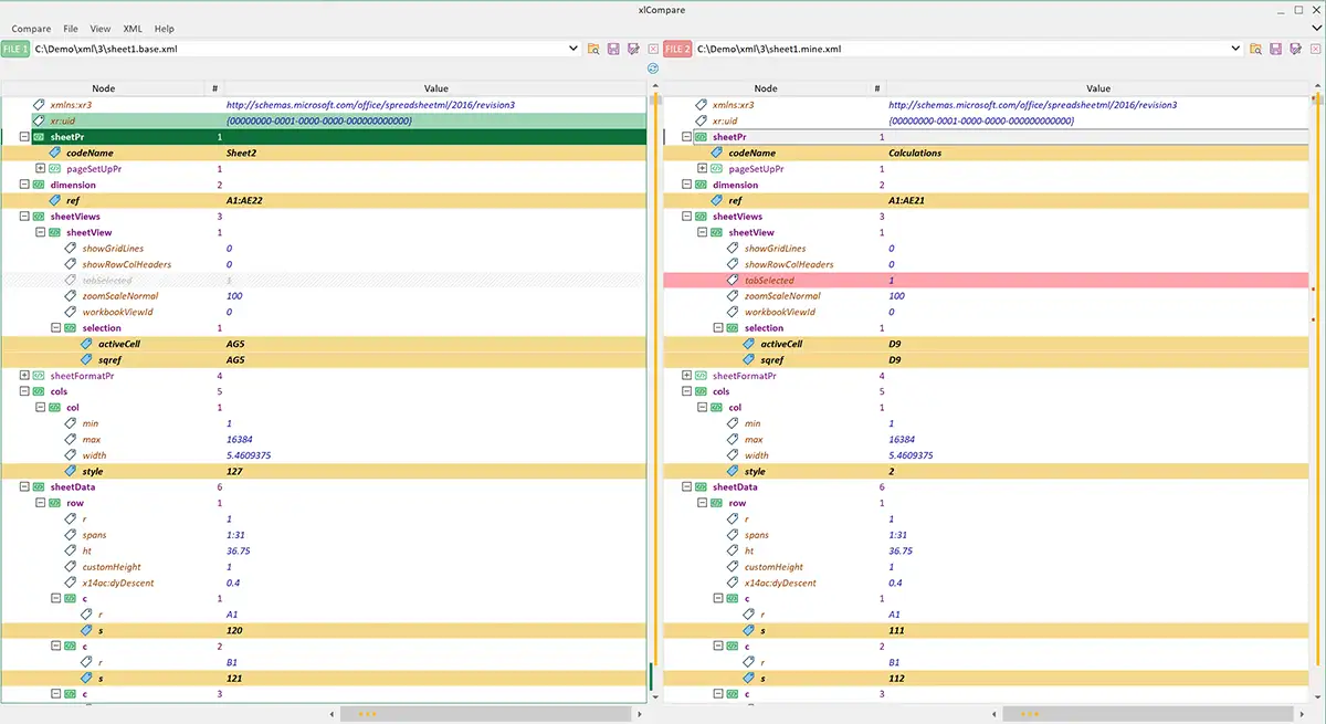 Comparison report for two XML files