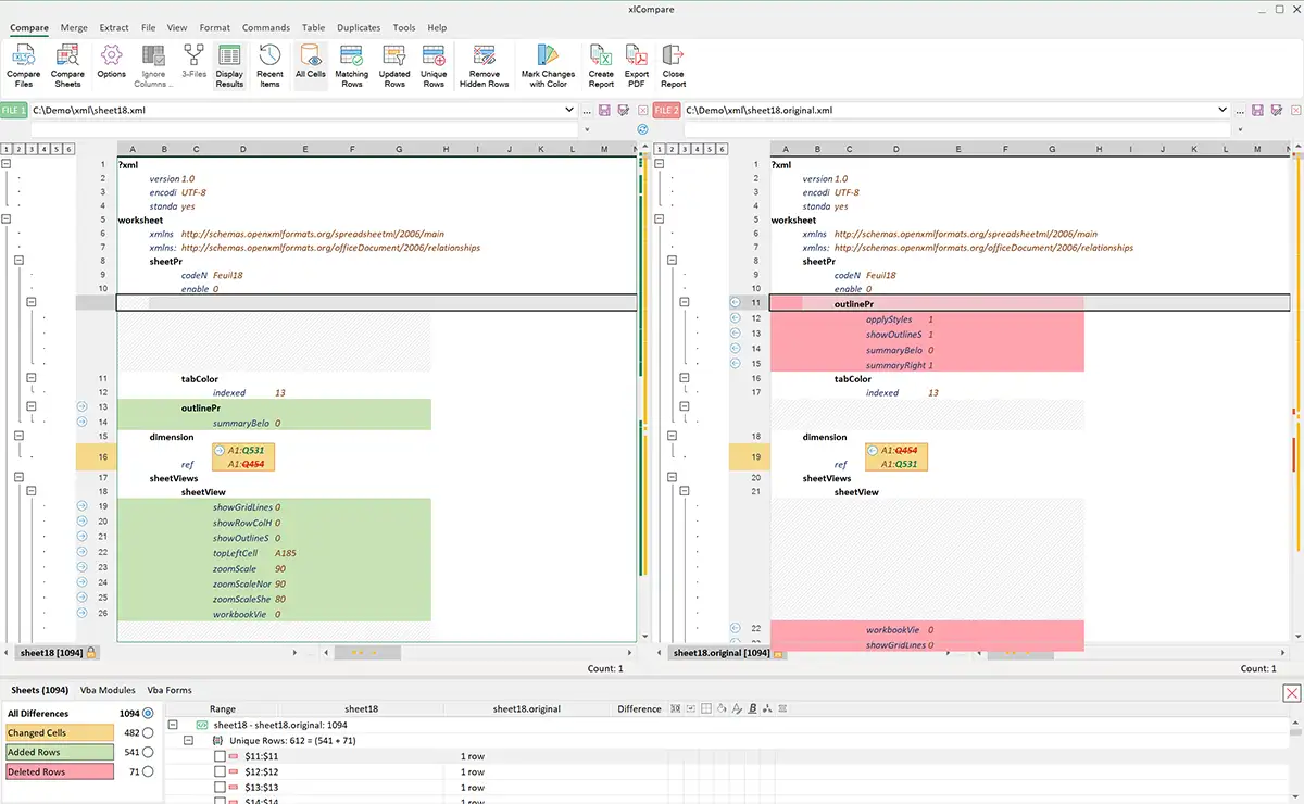 Comparison results for XML data