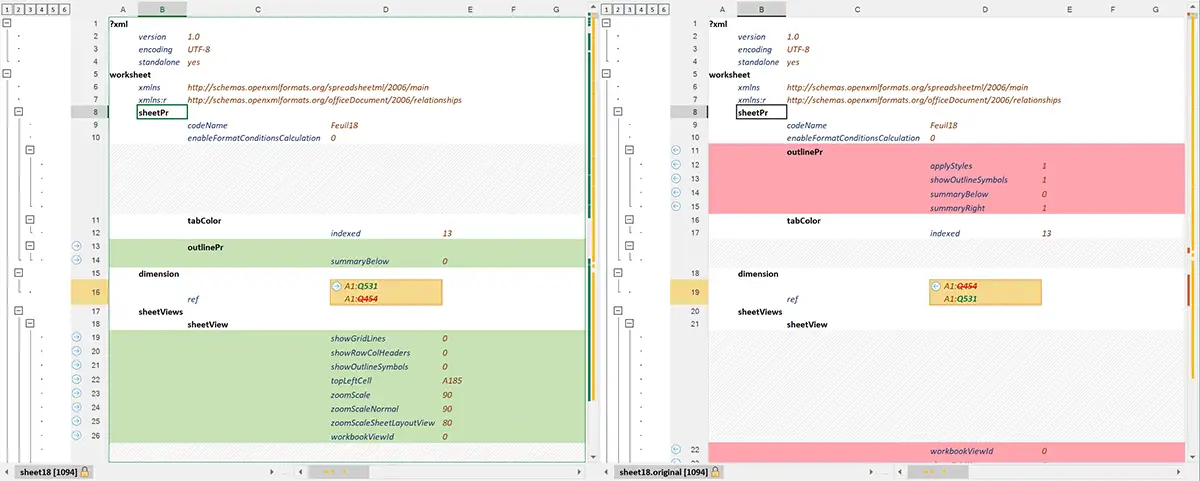 Color coded comparison report for XML data