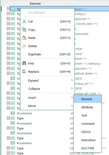 Context menu in the XML editor