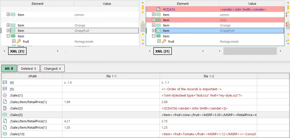 List of differences found between two XML files